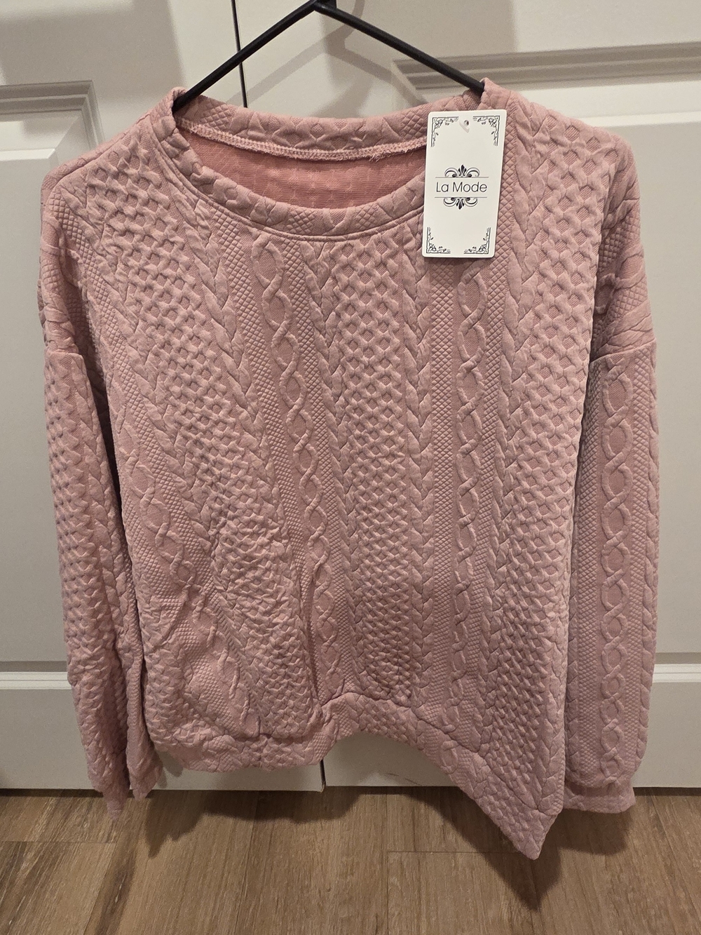 La Mode Women's Pink Cable Crewneck Sweater